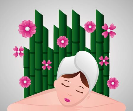 woman with towel spa bamboo flowers vector illustrationのイラスト素材