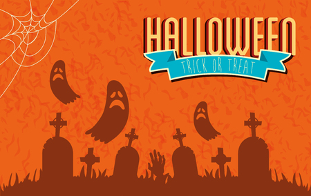 poster of halloween with ghosts in cemetery vector illustration designのイラスト素材