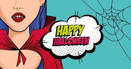 face woman disguised of vampire with cloud and spiderweb style pop art vector illustration designのイラスト素材