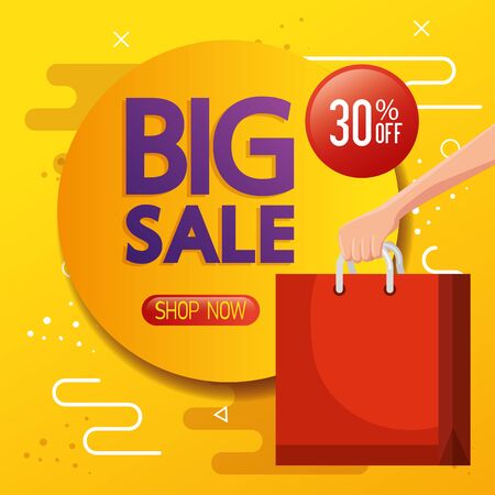 commercial label with big sale lettering and shopping bag vector illustration designのイラスト素材