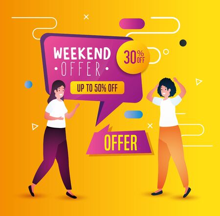 commercial label with weekend offer lettering and women vector illustration designのイラスト素材