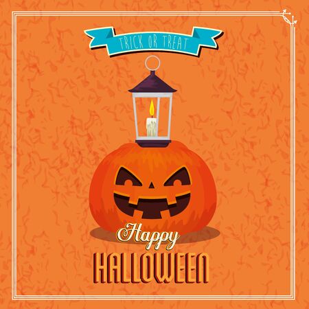 poster of happy halloween and pumpkin with lamp vector illustration designのイラスト素材