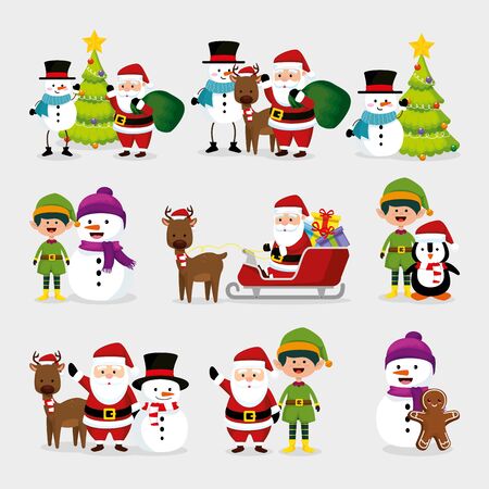 bundle christmas with snowman and set characters vector illustration designのイラスト素材