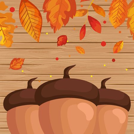 autumn leafs and nuts season in wooden pattern vector illustration designのイラスト素材