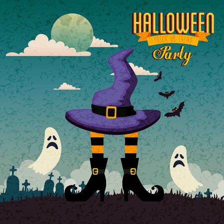 poster of party halloween with feets witch and icons vector illustration designのイラスト素材