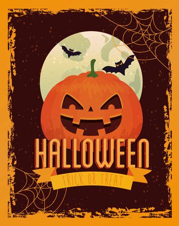 Halloween billboard with pumpkin and moon, vector illustration designのイラスト素材
