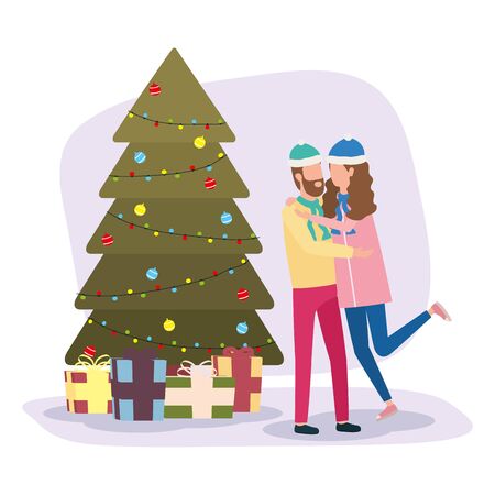 happy merry christmas couple celebrating with pine tree vector illustration designのイラスト素材