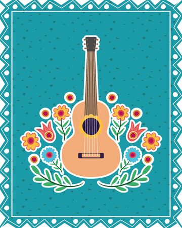 dia de los muertos card with guitar and flowers vector illustration designのイラスト素材