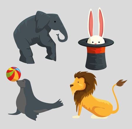 set elephant with rabbit inside hat and seal with lion wild animals vector illustrationのイラスト素材