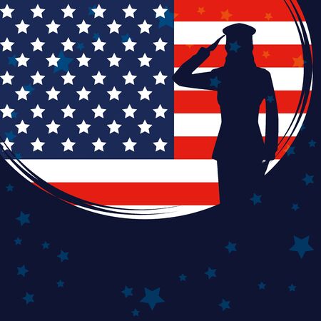 military woman silhouette with usa flag vector illustration designのイラスト素材