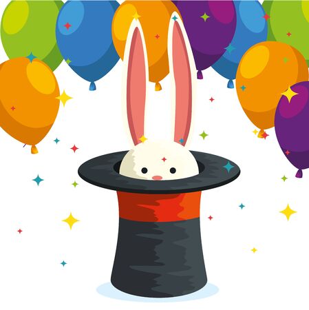 rabbit wild animal inside hat and balloons festival decoration vector illustrationのイラスト素材