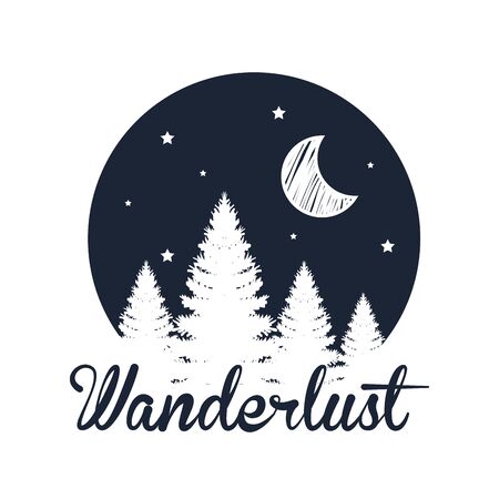 label of pine trees landscape with moon and stars vector illustrationのイラスト素材