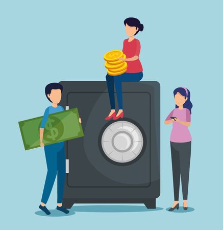 women and man with strong box and bill with coin vector illustrationのイラスト素材