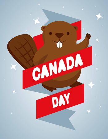 beaver with ribbon to happy canada celebration vector illustrationのイラスト素材