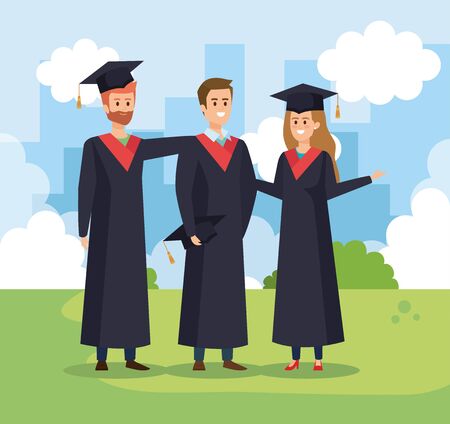 woman and men friends graduation with robe and cap vector illustrationのイラスト素材