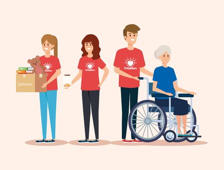 girls and boy volunteers with old woman and donation vector illustrationのイラスト素材