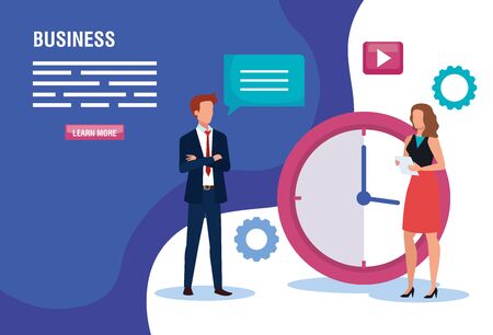 business couple with clock and icons vector illustration designのイラスト素材