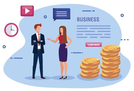 business couple with pile coins and icons vector illustration designのイラスト素材