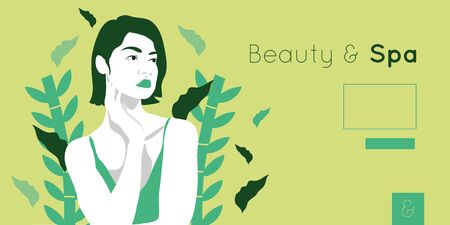 beauty and spa card with woman and leafs plant vector illustration designのイラスト素材