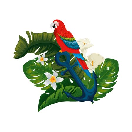 tropical and exotic parrot in anchor with floral decoration vector illustration designのイラスト素材