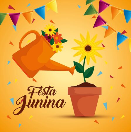 sunflowers plants with watering can and party banner vector illustrationのイラスト素材