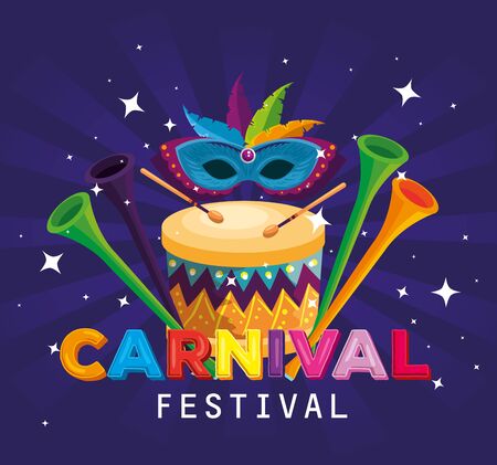 drum with traditional drum and trumpet with mask decoration vector illustrationのイラスト素材