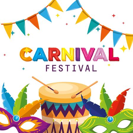 masks decoration with drum and party banner to carnival vector illustrationのイラスト素材