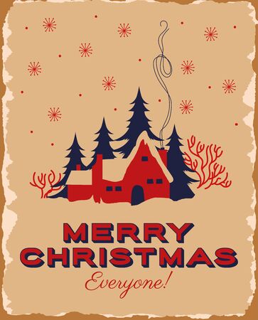 happy merry christmas card with house in snowscape vector illustration designのイラスト素材