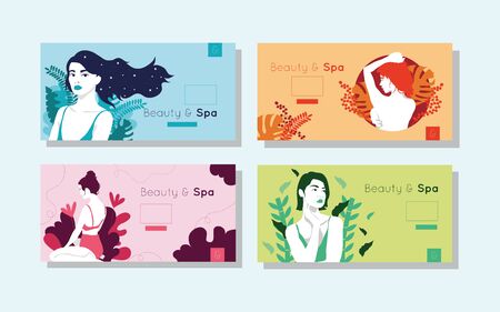 bundle of beauty and spa cards with woman figures vector illustration designのイラスト素材