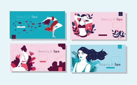 bundle of beauty and spa cards with woman figures vector illustration designのイラスト素材