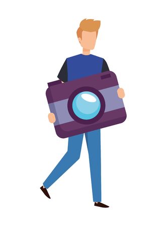 young man lifting camera photographic character vector illustration designのイラスト素材