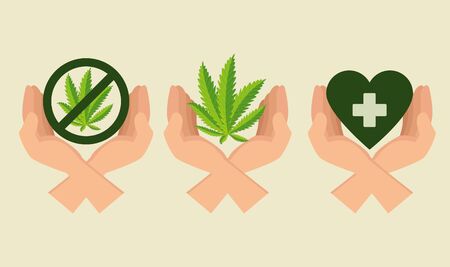 set hands with cannabis plant and prohibited sign and heart with cross vector illustrationのイラスト素材