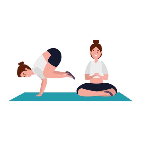 beauty girls practicing pilates position in mattress vector illustration designのイラスト素材