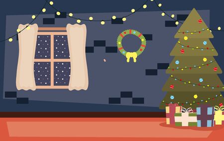happy merry christmas house place with tree and gifts scene vector illustration designのイラスト素材
