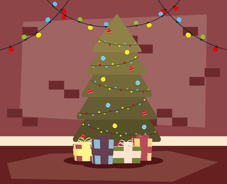 happy merry christmas house place with tree and gifts scene vector illustration designのイラスト素材
