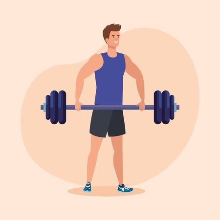 fitness man with weight to healthy exercise over pink background, vector illustrationのイラスト素材