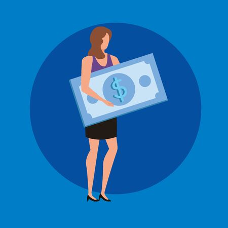 young woman with bills dollars character vector illustration designのイラスト素材