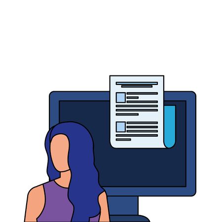 young woman with desktop character vector illustration designのイラスト素材