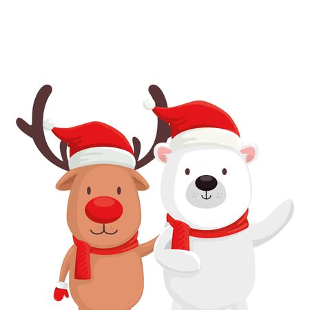 cute bear with reindeer characters merry christmas vector illustration designのイラスト素材