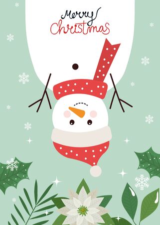 merry christmas poster with snowman and leafs decorative vector illustration designのイラスト素材