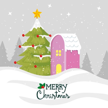 merry christmas poster with pine tree and house facade vector illustration designのイラスト素材