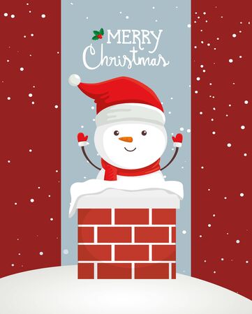 merry christmas poster with snowman in chimney vector illustration designのイラスト素材