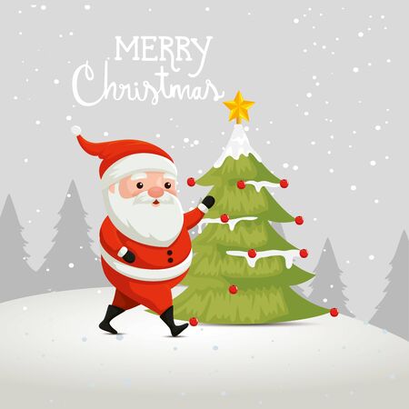 merry christmas poster with santa claus and pine tree vector illustration designのイラスト素材