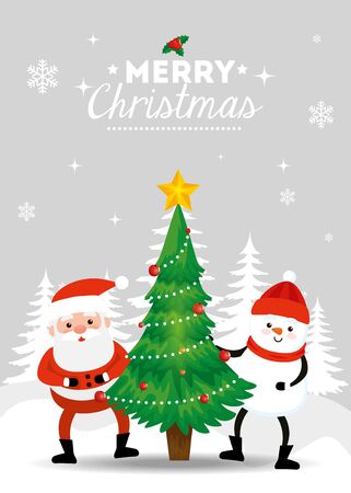 merry christmas poster with santa claus and snowman in winter landscape vector illustration designのイラスト素材