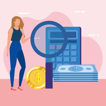 young woman with magnifying glass character vector illustration designのイラスト素材