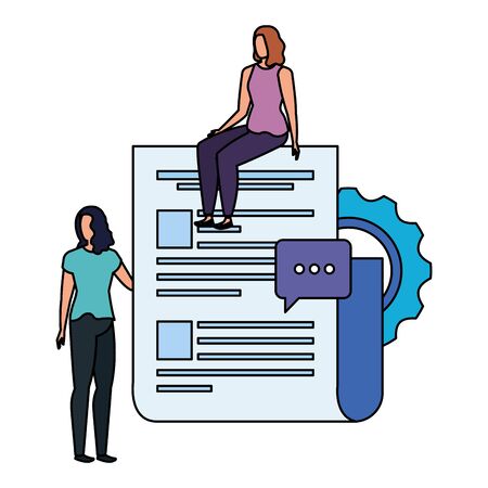 young women with documents characters vector illustration designのイラスト素材