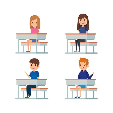 set of girls and boys kids in the desk over white background vector illustrationのイラスト素材