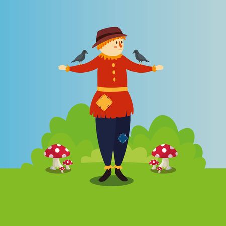 scarecrow with raven and fungus vector illustration designのイラスト素材