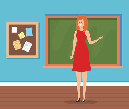 woman teacher in the classroom with blackboard and note board to academic education vector illustrationのイラスト素材