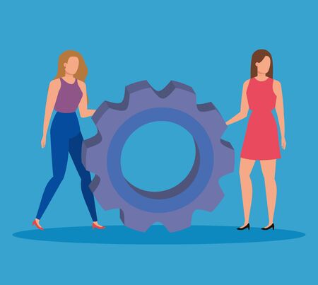 women teamwork with gear office report over blue background, vector illustrationのイラスト素材